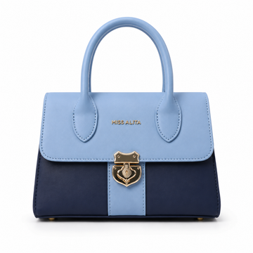 MISS ALITA sky blue and navy structured top handle handbag featuring a gold-tone lock closure and elegant two-tone design for everyday wear.