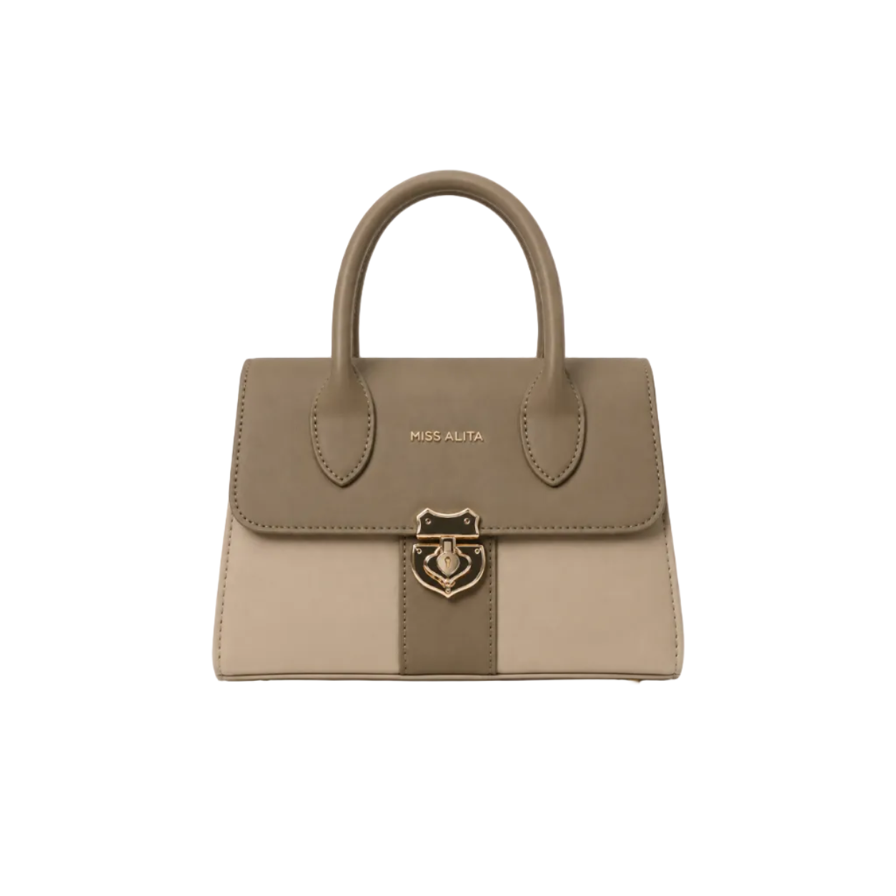 MISS ALITA taupe and beige structured top handle handbag featuring a gold-tone lock closure and elegant two-tone design for everyday wear.