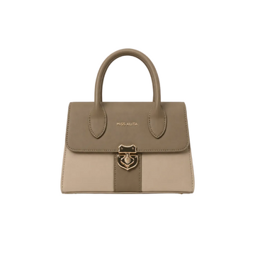 MISS ALITA taupe and beige structured top handle handbag featuring a gold-tone lock closure and elegant two-tone design for everyday wear.