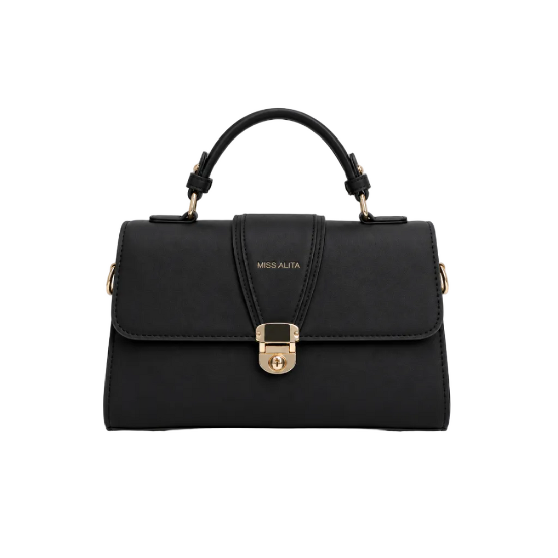 MISS ALITA black top handle handbag with gold-tone hardware, twist-lock closure, and structured elegant design.