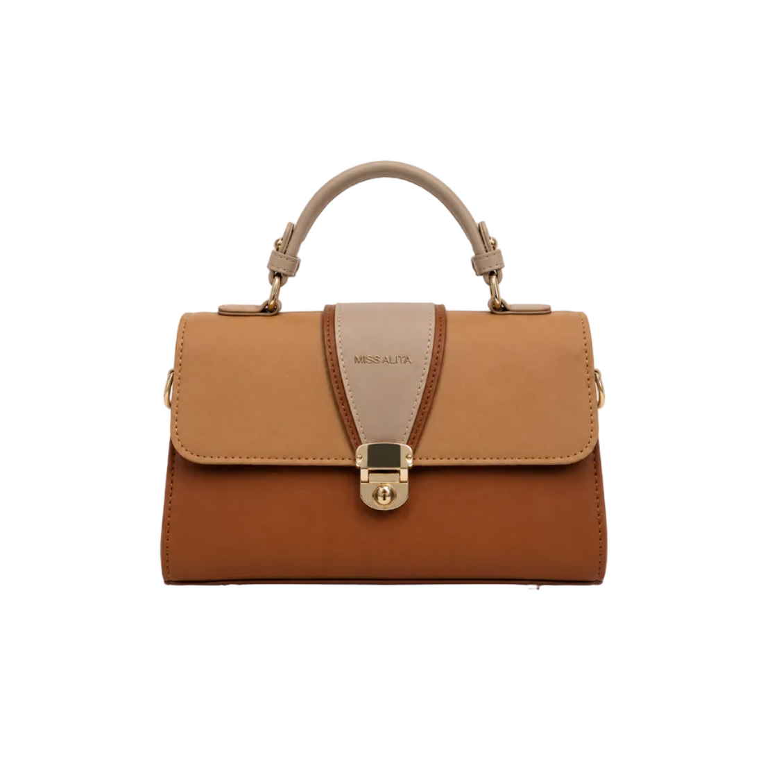MISS ALITA camel top handle handbag with tan and beige accents, gold-tone hardware, twist-lock closure, and structured elegant design.