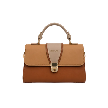 MISS ALITA camel top handle handbag with tan and beige accents, gold-tone hardware, twist-lock closure, and structured elegant design.