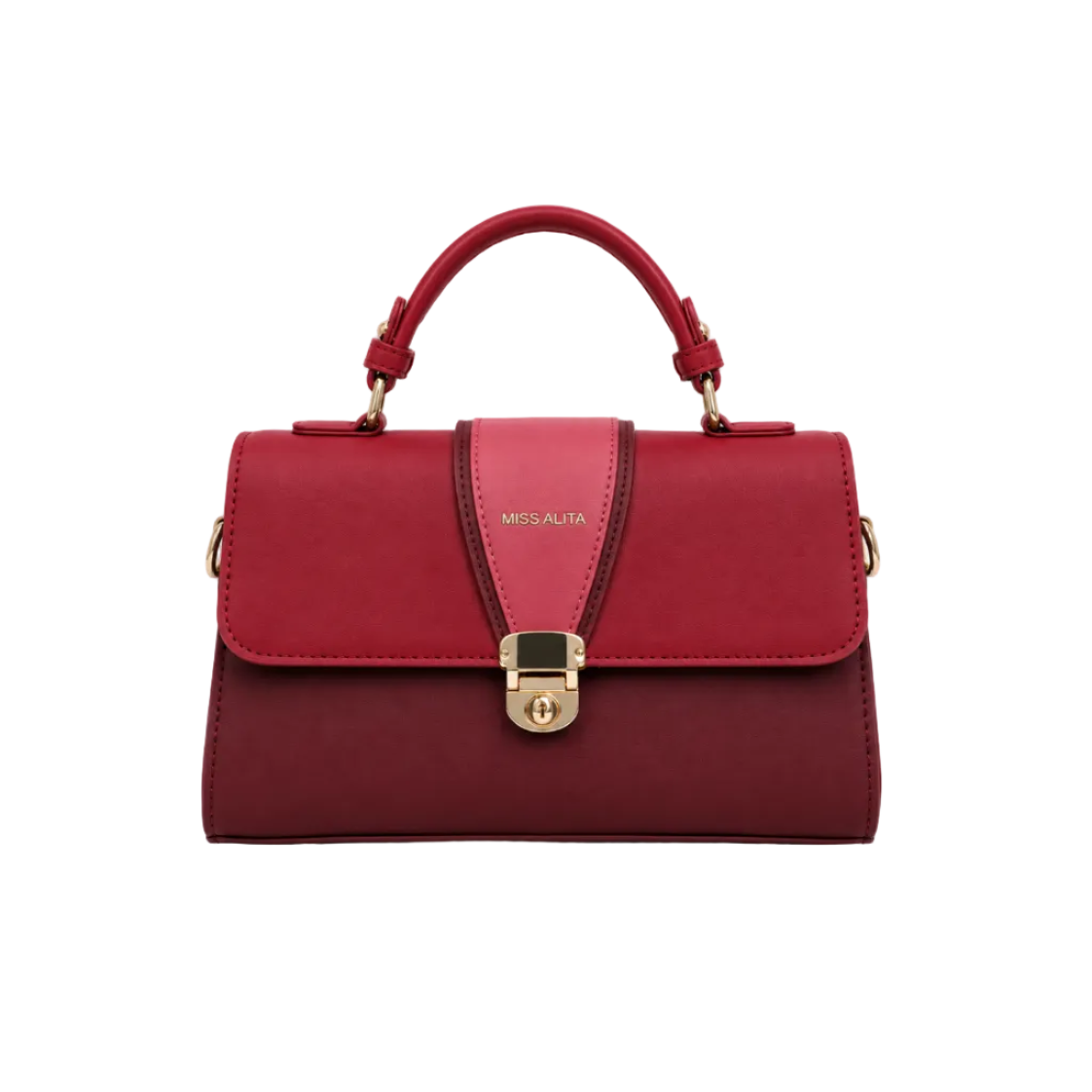 MISS ALITA red top handle handbag with two-tone red finish, gold-tone hardware, twist-lock closure, and structured elegant design.