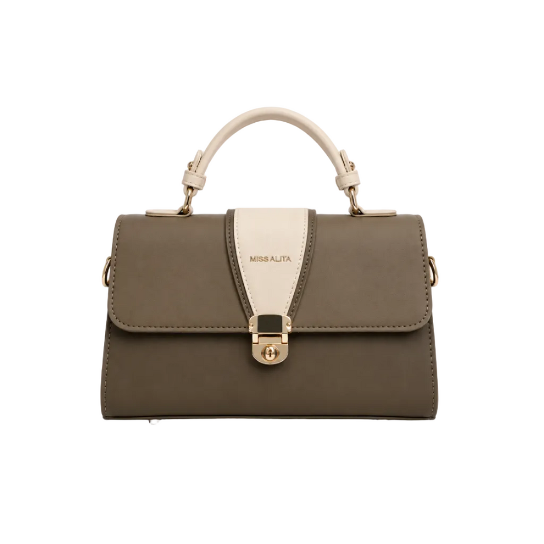 MISS ALITA taupe top handle handbag with ivory accents, gold-tone hardware, twist-lock closure, and structured elegant design.