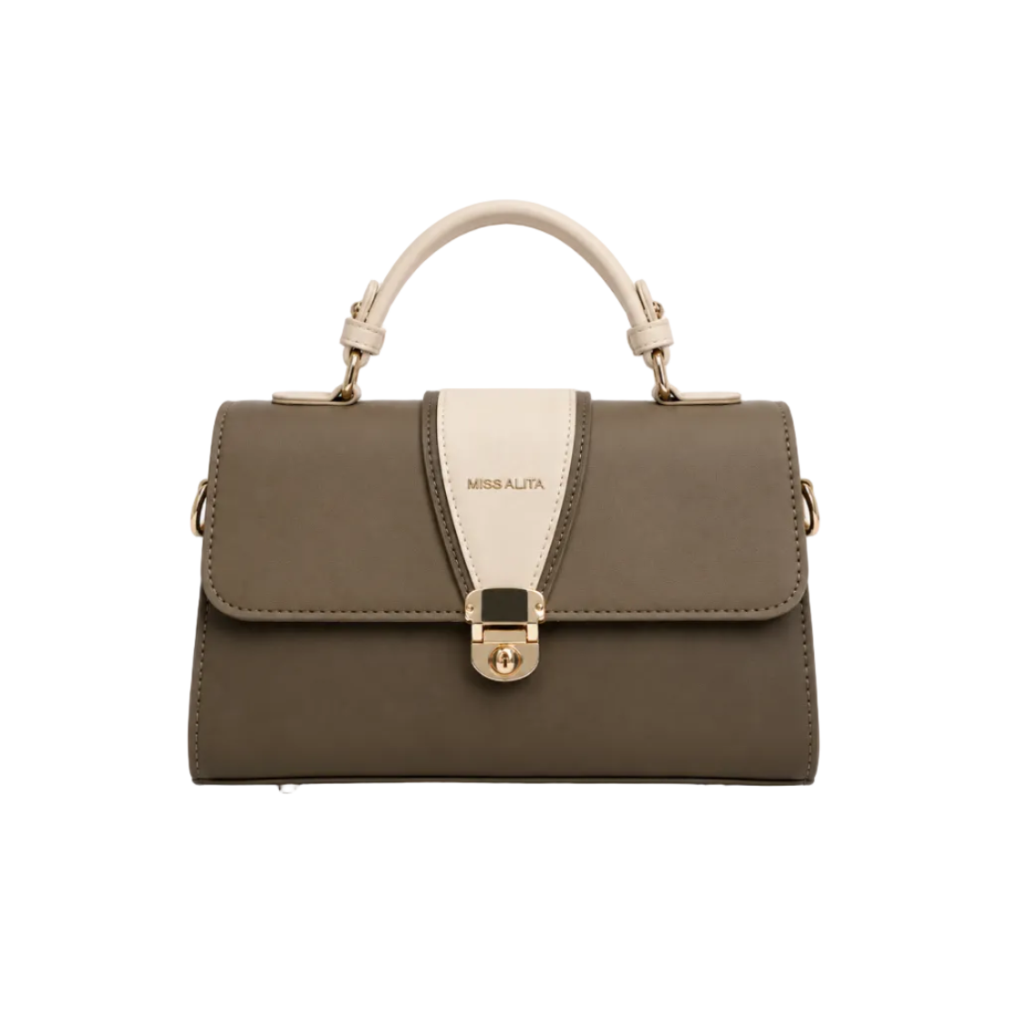 MISS ALITA taupe top handle handbag with ivory accents, gold-tone hardware, twist-lock closure, and structured elegant design.