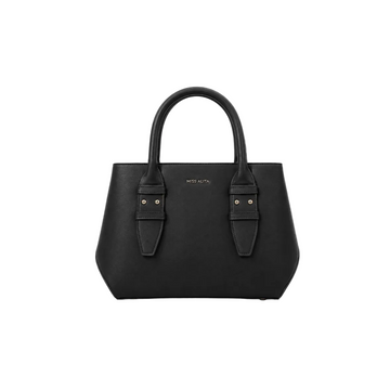 MISS ALITA black structured tote bag with dual top handles, gold-tone hardware, minimalist design, and spacious everyday interior.