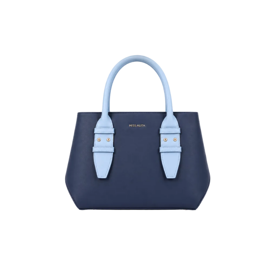 MISS ALITA navy blue structured tote bag with light blue top handles, gold-tone hardware, minimalist design, and spacious everyday interior.