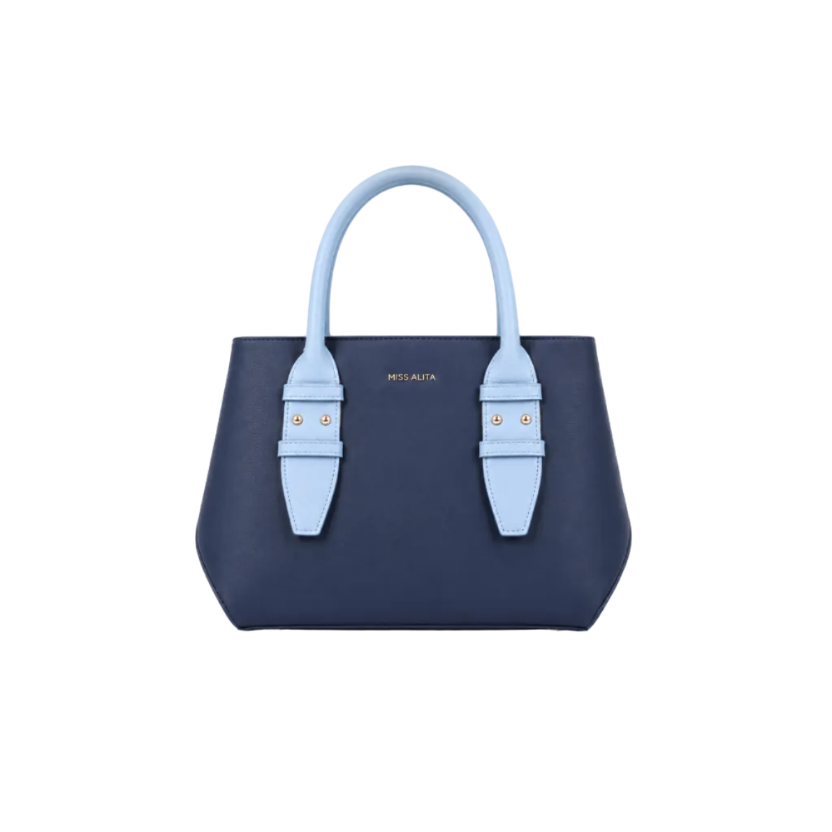 MISS ALITA navy blue structured tote bag with light blue top handles, gold-tone hardware, minimalist design, and spacious everyday interior.