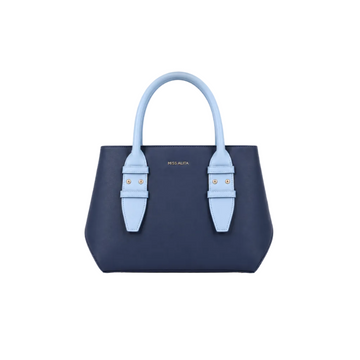 MISS ALITA navy blue structured tote bag with light blue top handles, gold-tone hardware, minimalist design, and spacious everyday interior.
