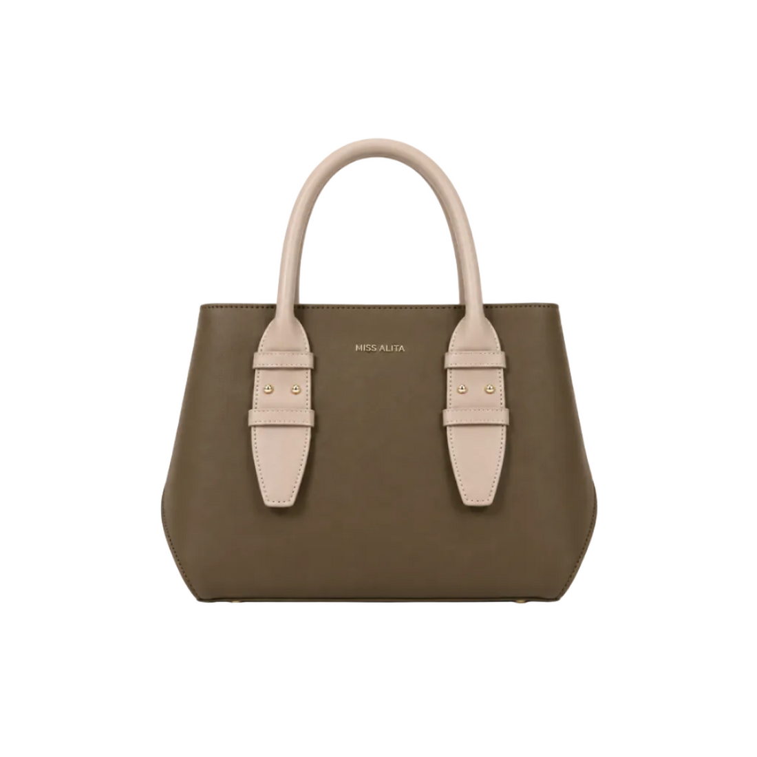 MISS ALITA structured olive green tote bag with beige top handles, gold-tone hardware, minimalist design, and spacious everyday interior.