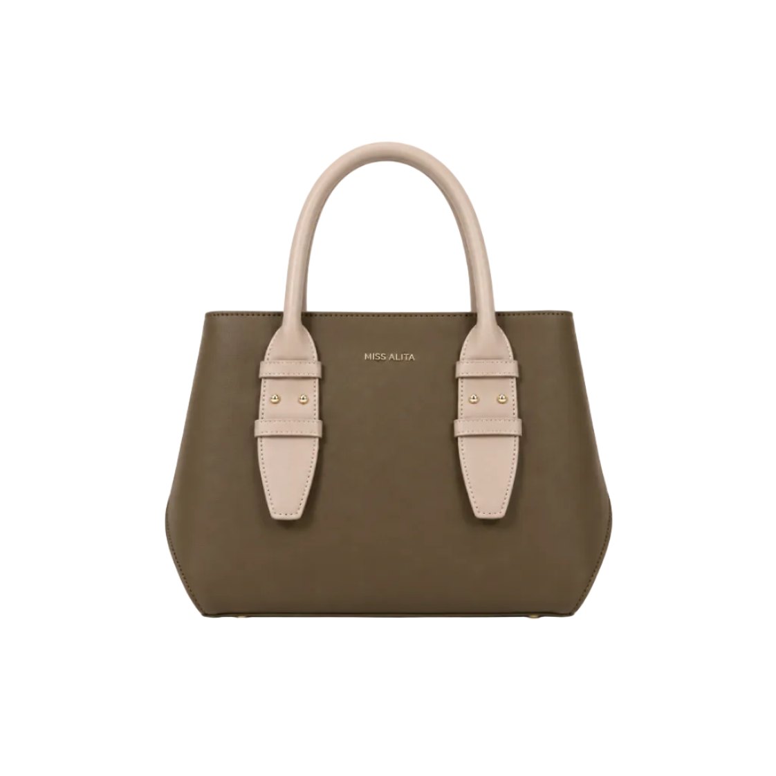MISS ALITA structured olive green tote bag with beige top handles, gold-tone hardware, minimalist design, and spacious everyday interior.