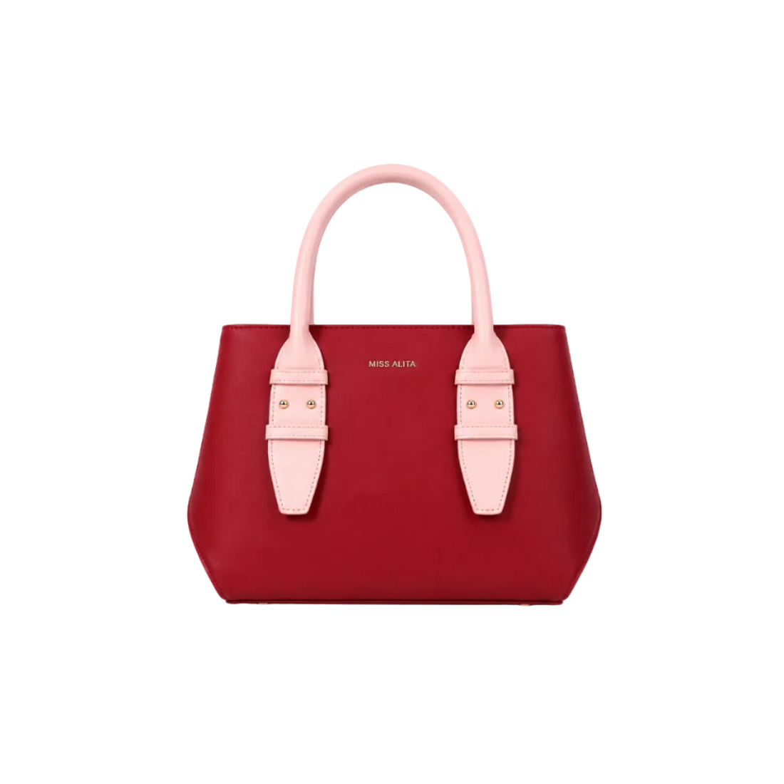 MISS ALITA red structured tote bag with light pink top handles, gold-tone hardware, minimalist design, and spacious everyday interior.