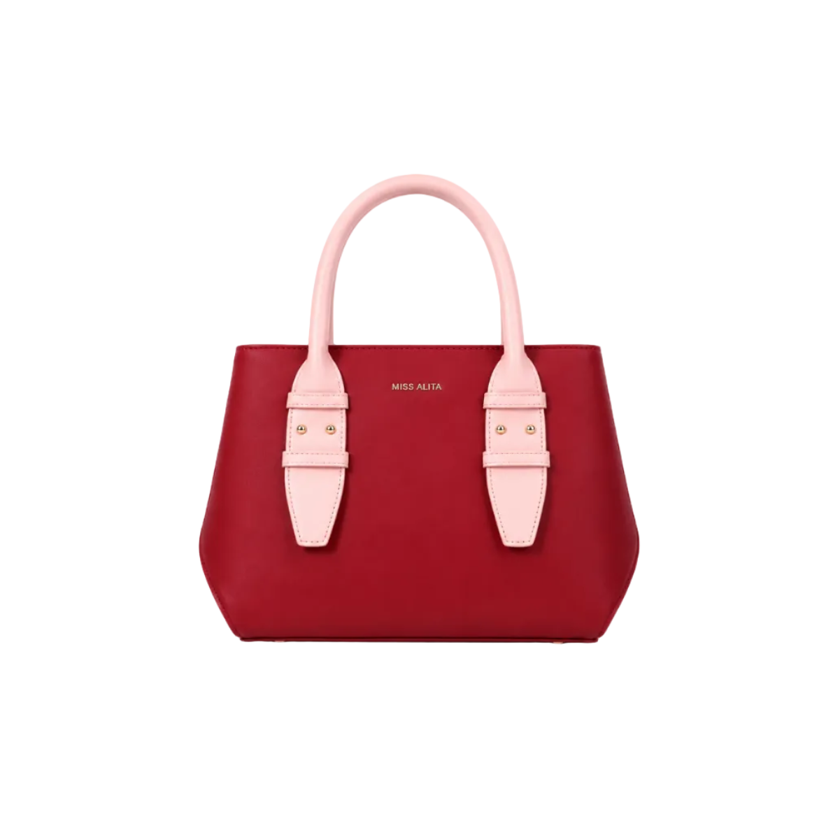 MISS ALITA red structured tote bag with light pink top handles, gold-tone hardware, minimalist design, and spacious everyday interior.