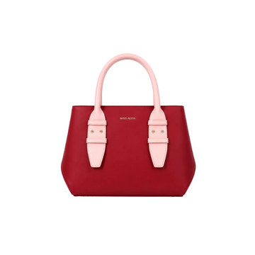 MISS ALITA red structured tote bag with light pink top handles, gold-tone hardware, minimalist design, and spacious everyday interior.