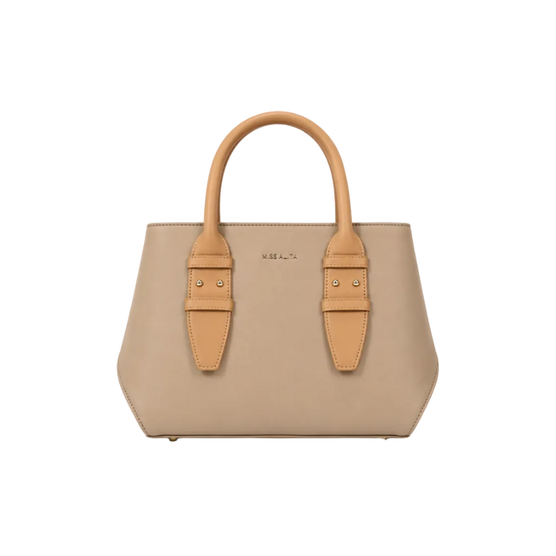 MISS ALITA structured taupe tote bag with camel top handles, gold-tone hardware, minimalist design, and spacious everyday interior.