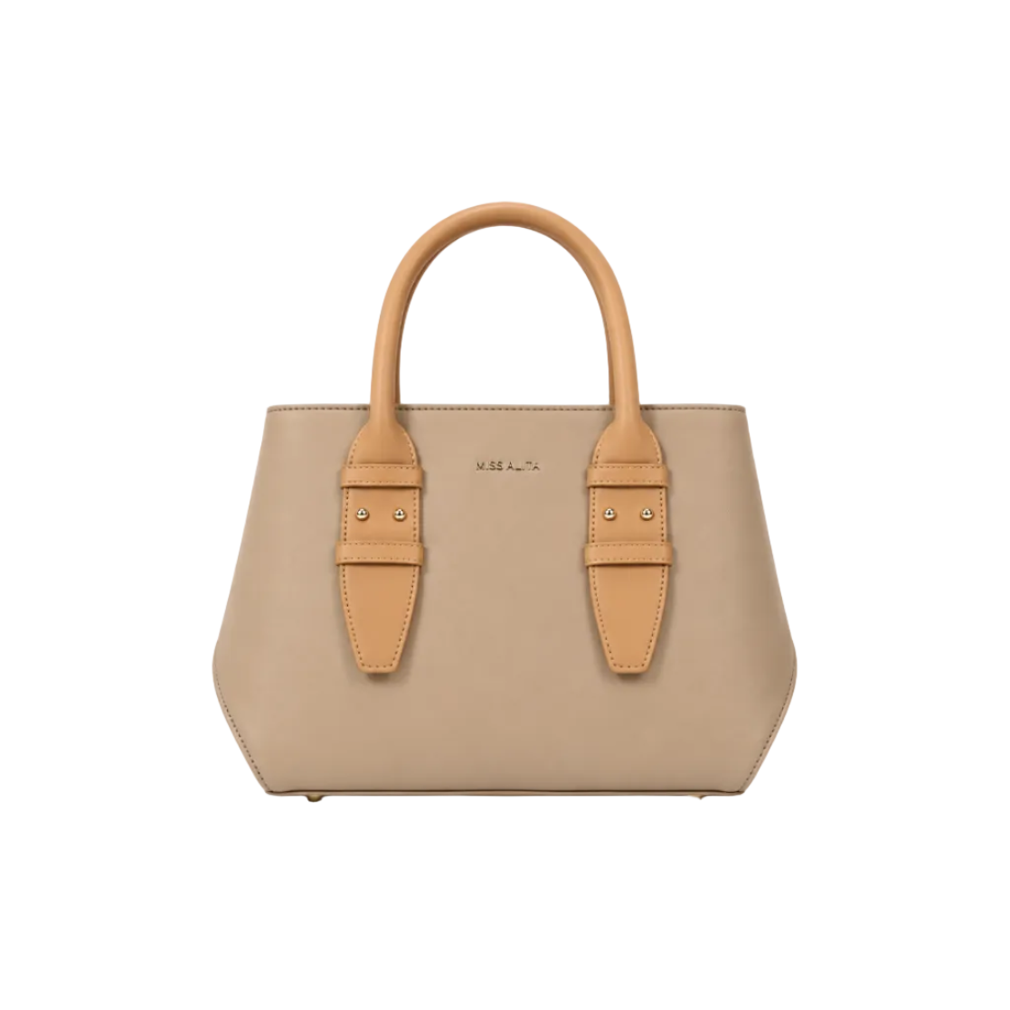 MISS ALITA structured taupe tote bag with camel top handles, gold-tone hardware, minimalist design, and spacious everyday interior.