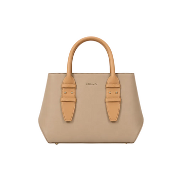 MISS ALITA structured taupe tote bag with camel top handles, gold-tone hardware, minimalist design, and spacious everyday interior.