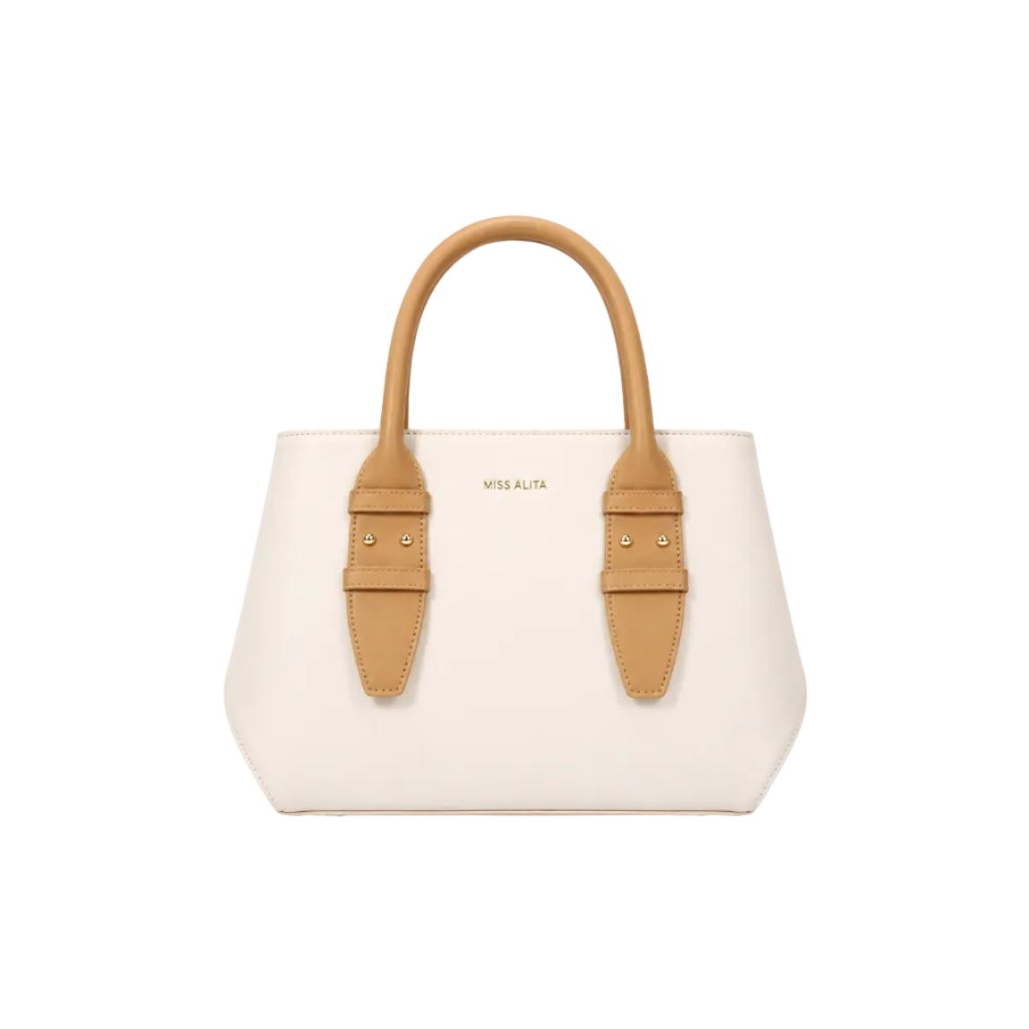 MISS ALITA structured white tote bag with camel top handles, gold-tone hardware, minimalist design, and spacious everyday interior.