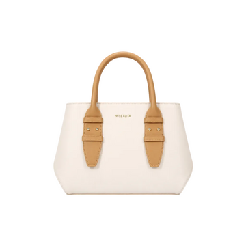 MISS ALITA structured white tote bag with camel top handles, gold-tone hardware, minimalist design, and spacious everyday interior.