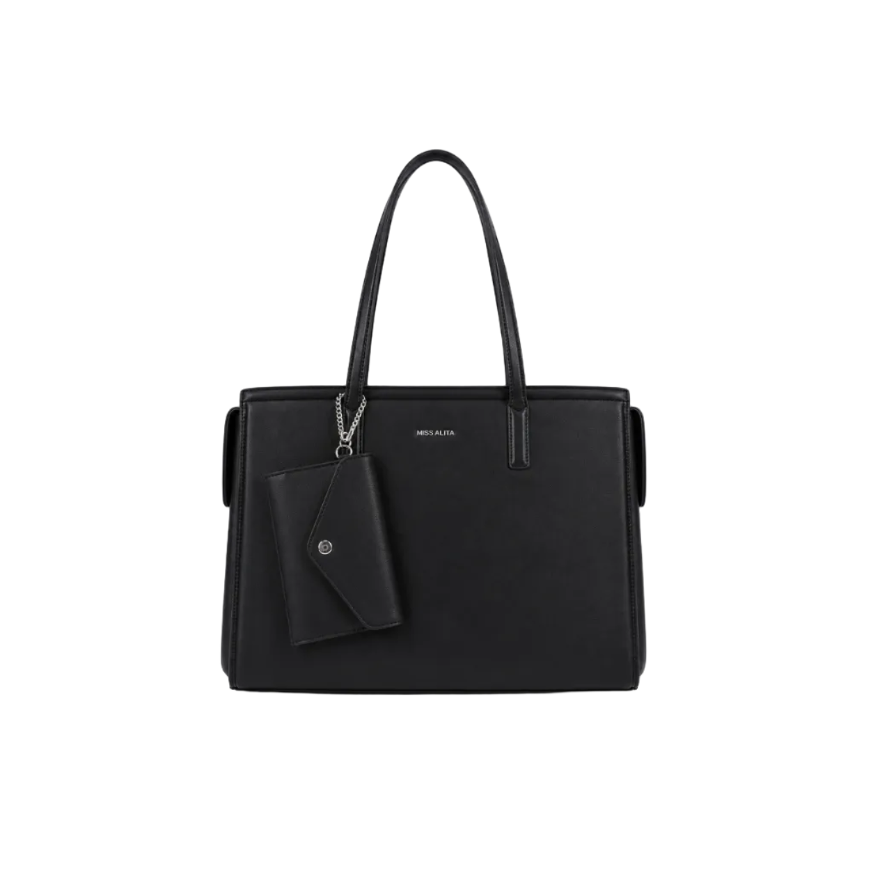 MISS ALITA black structured tote handbag with long shoulder straps and detachable matching wallet, displayed on a white background.