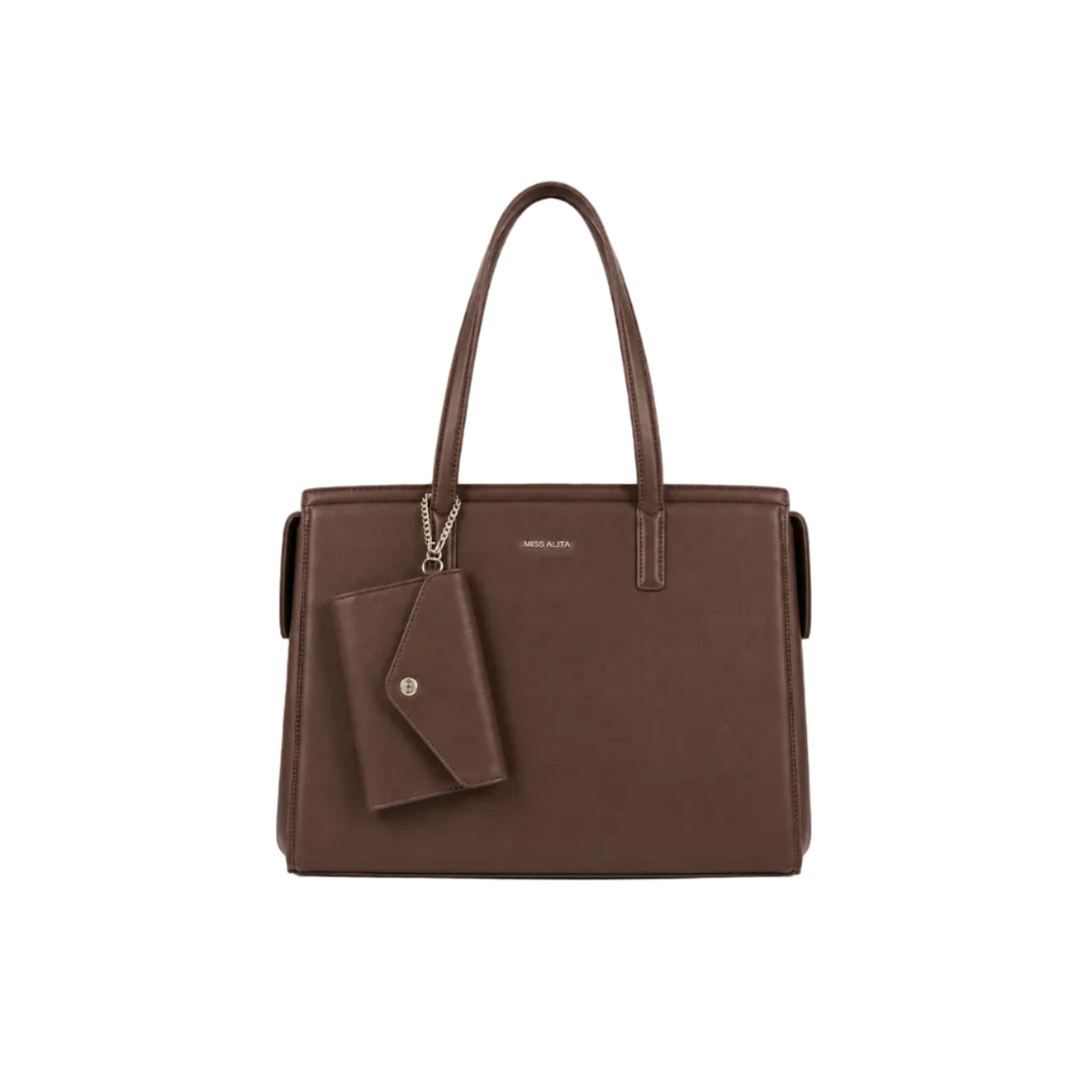 MISS ALITA brown structured tote handbag with long shoulder straps and detachable matching wallet, displayed on a white background.