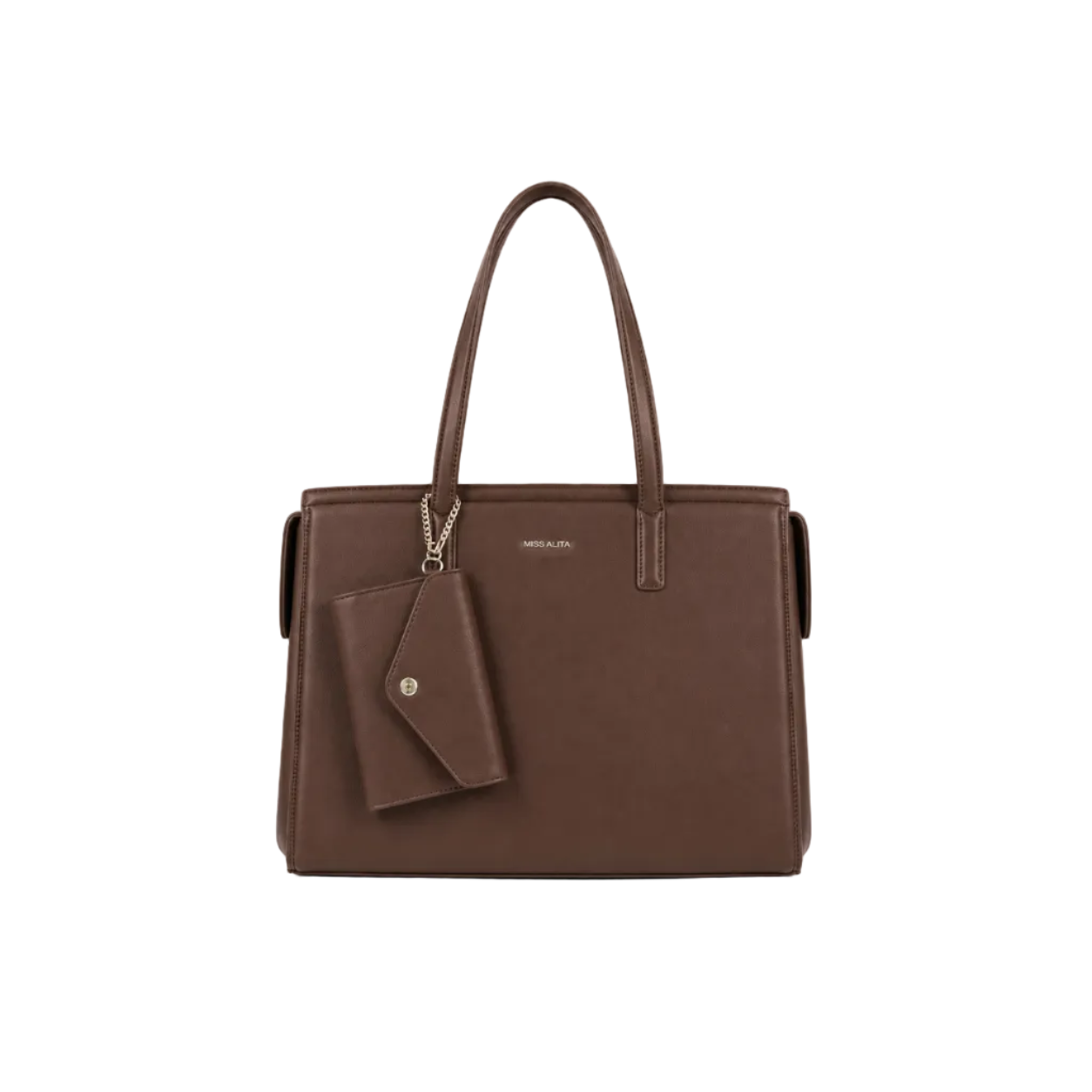 MISS ALITA brown structured tote handbag with long shoulder straps and detachable matching wallet, displayed on a white background.