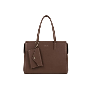MISS ALITA brown structured tote handbag with long shoulder straps and detachable matching wallet, displayed on a white background.