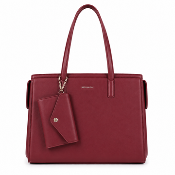 MISS ALITA burgundy structured tote handbag with long shoulder straps and detachable matching wallet, displayed on a white background.