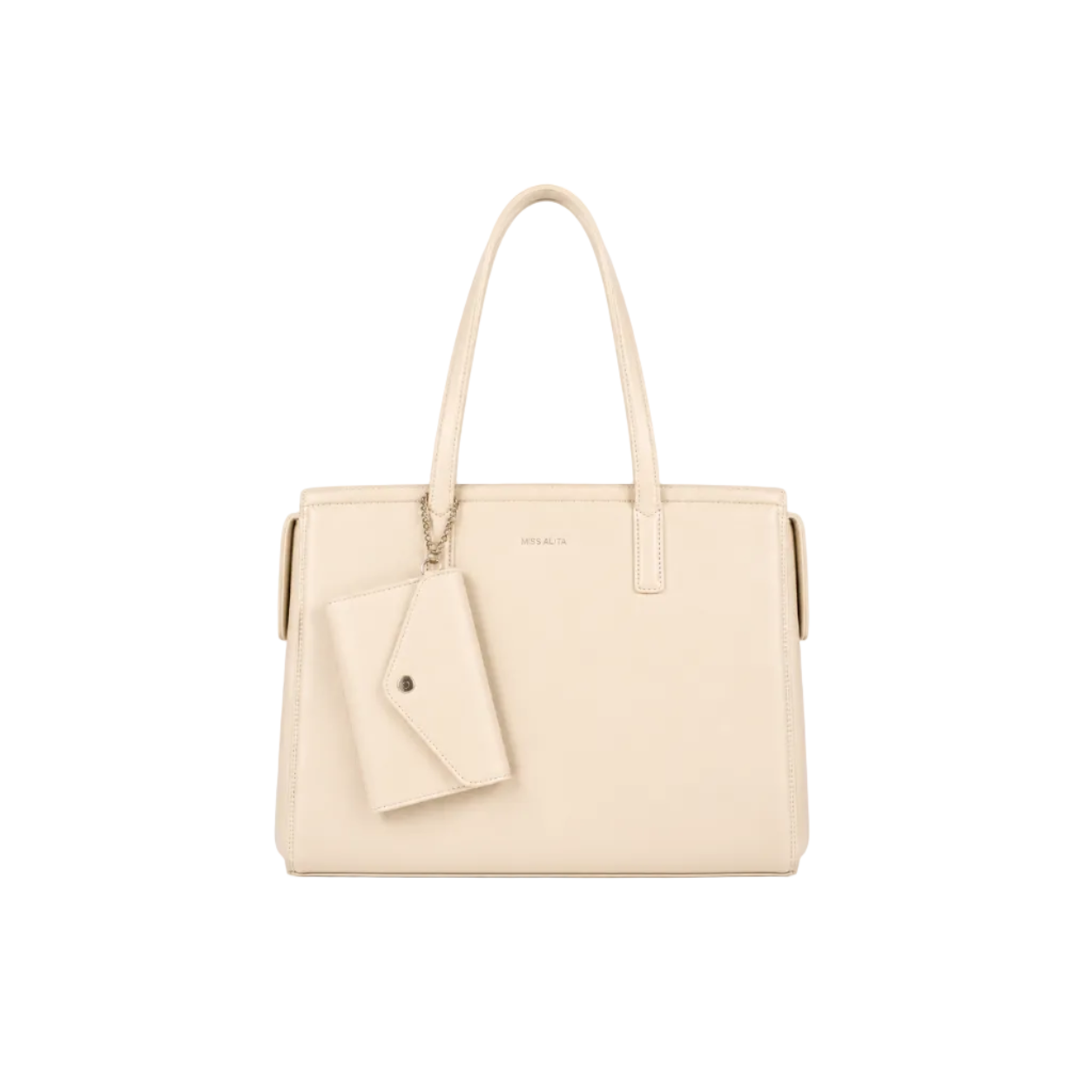MISS ALITA cream structured tote handbag with long shoulder straps and detachable matching wallet, displayed on a white background.