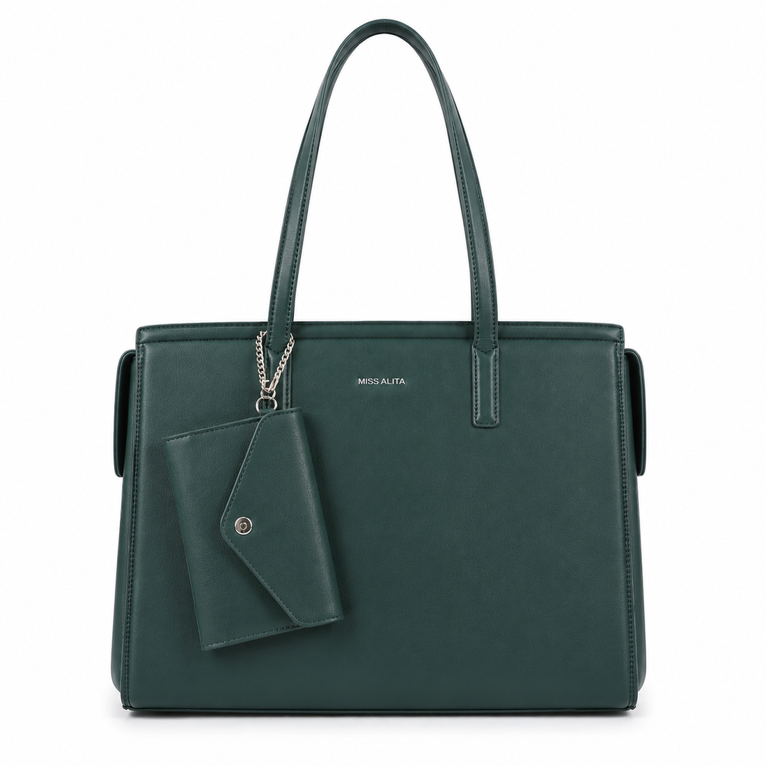 MISS ALITA dark green structured tote handbag with long shoulder straps and detachable matching wallet on a white background.