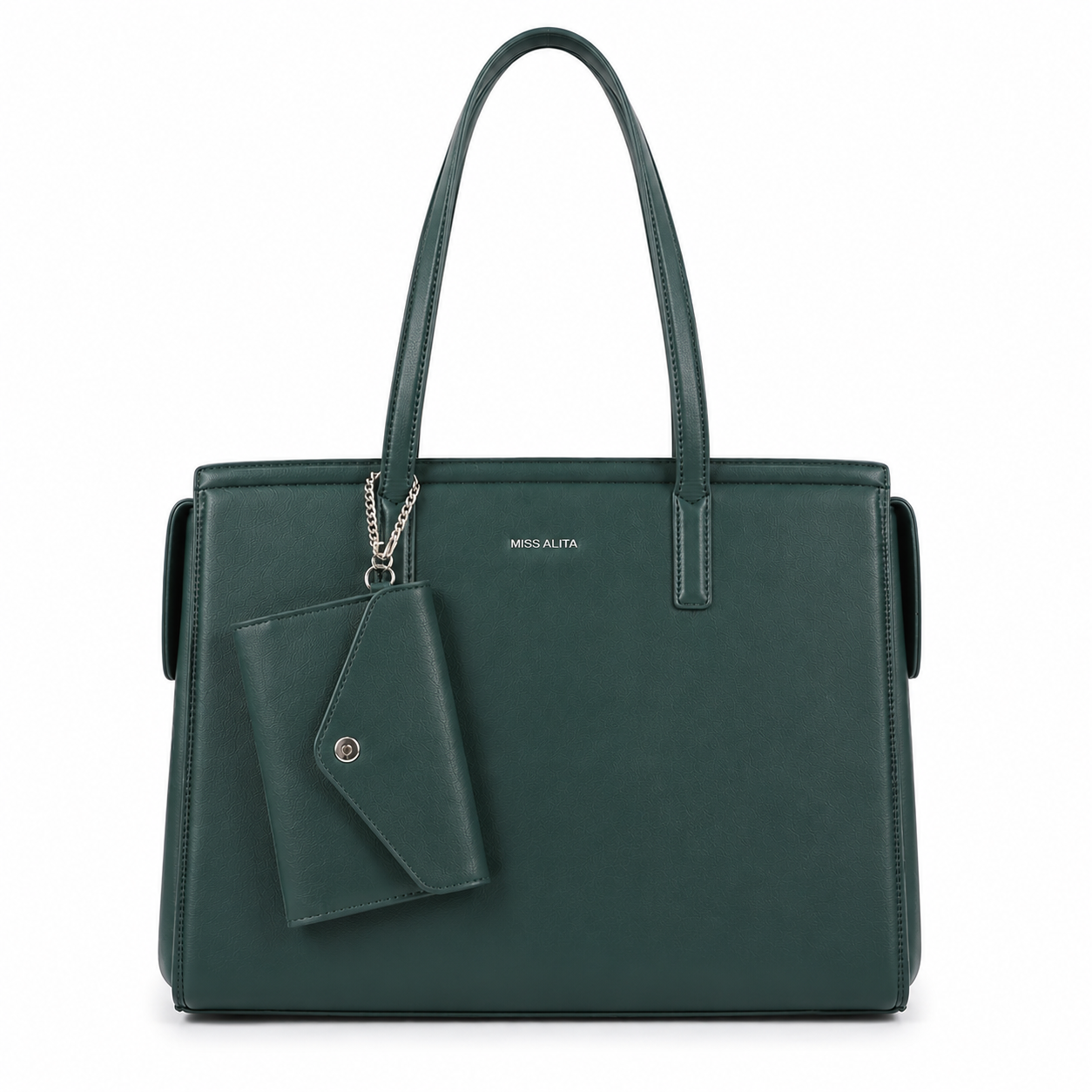 MISS ALITA dark green structured tote handbag with long shoulder straps and detachable matching wallet on a white background.