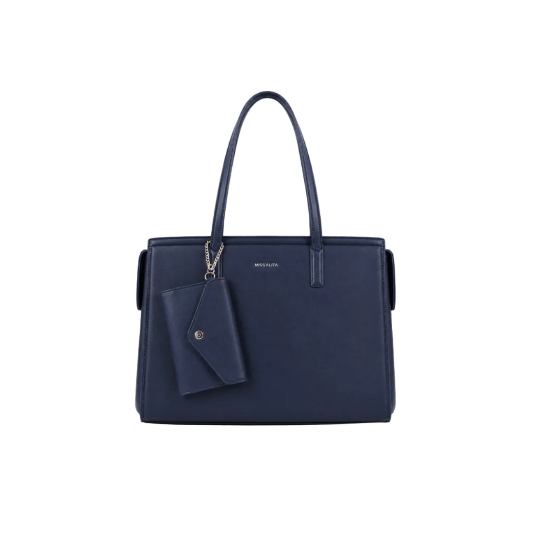 MISS ALITA navy blue structured tote handbag with long shoulder straps and detachable matching wallet on a white background.