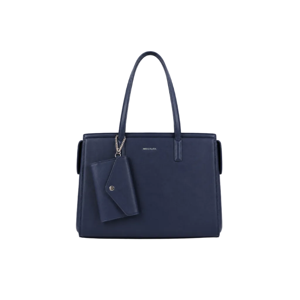 MISS ALITA navy blue structured tote handbag with long shoulder straps and detachable matching wallet on a white background.