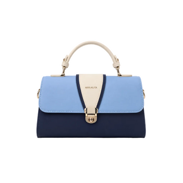 MISS ALITA blue color block top handle handbag with navy base, ivory accents, gold hardware, and structured elegant design.