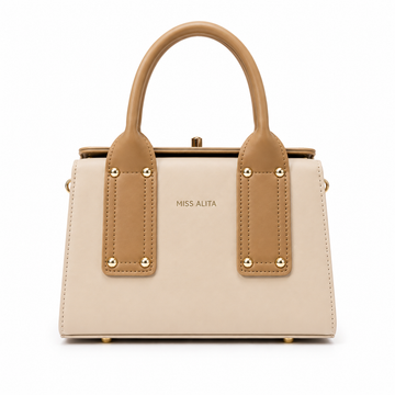 MISS ALITA structured top handle handbag in beige and off-white with gold-tone hardware, featuring a classic frame design suitable for everyday and formal occasions.