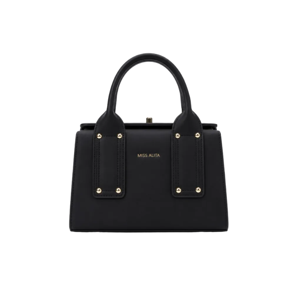 MISS ALITA black structured frame top handle handbag with gold-tone hardware, elegant rectangular silhouette, and premium leather-look finish.