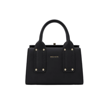 MISS ALITA black structured frame top handle handbag with gold-tone hardware, elegant rectangular silhouette, and premium leather-look finish.