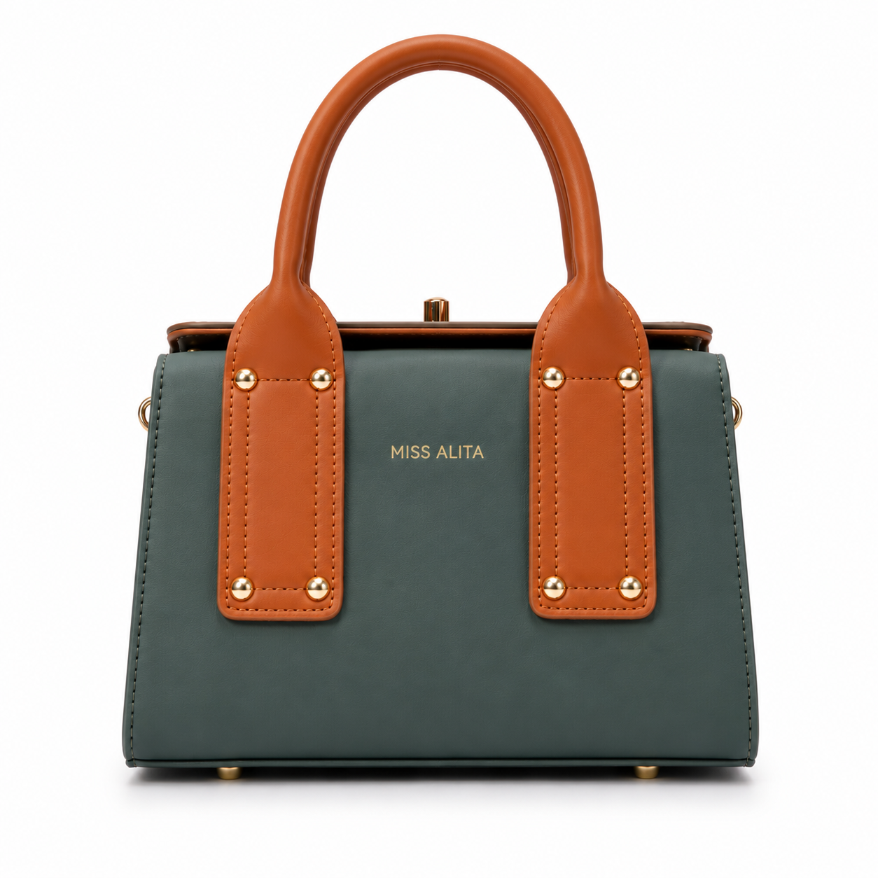 MISS ALITA structured top handle handbag in orange and sage green with gold-tone hardware, featuring a classic frame design for everyday and elegant occasions.