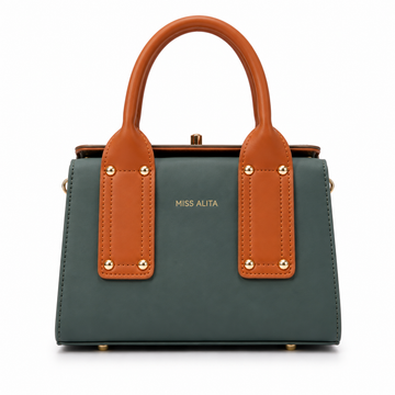 MISS ALITA structured top handle handbag in orange and sage green with gold-tone hardware, featuring a classic frame design for everyday and elegant occasions.