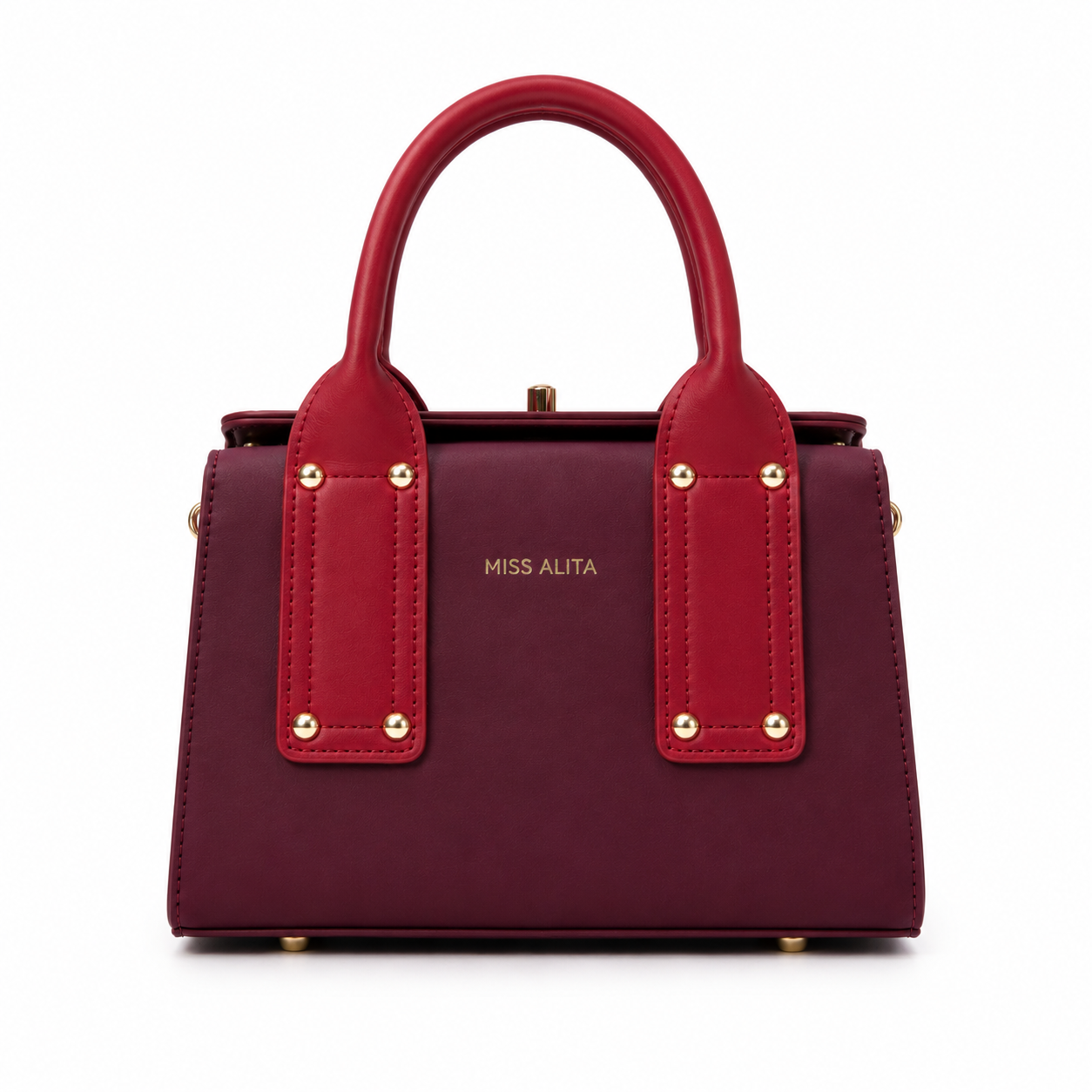 MISS ALITA structured top handle handbag in red and burgundy with gold-tone hardware and an elegant frame design for everyday and formal wear.