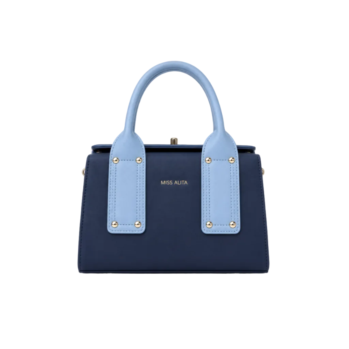 MISS ALITA sky blue and navy structured frame top handle handbag with gold-tone hardware, elegant rectangular silhouette, and premium leather-look finish.