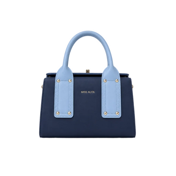 MISS ALITA sky blue and navy structured frame top handle handbag with gold-tone hardware, elegant rectangular silhouette, and premium leather-look finish.
