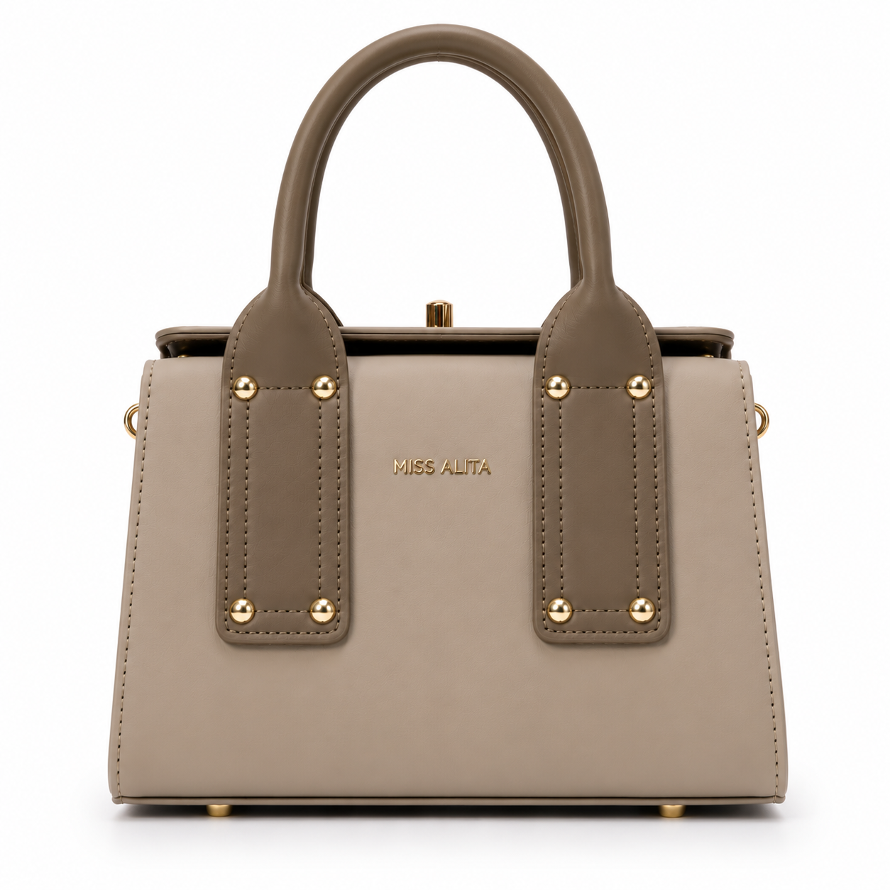 MISS ALITA structured top handle handbag in taupe and light beige with gold-tone hardware, featuring an elegant frame design for everyday and formal wear.