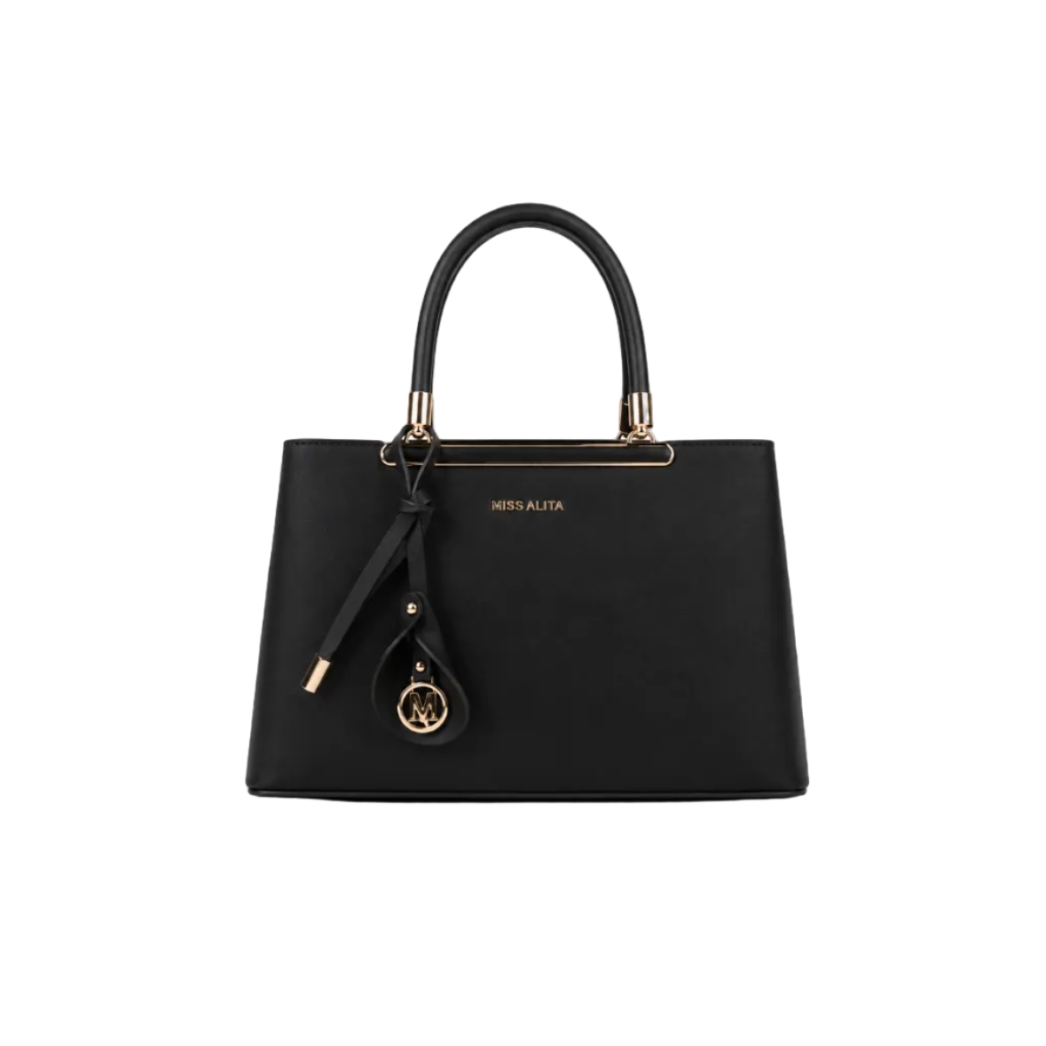 MISS ALITA structured black top handle handbag with gold-tone hardware, decorative charm, and spacious interior for everyday use.