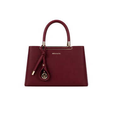 MISS ALITA structured burgundy top handle handbag with gold-tone hardware, decorative charm, and spacious interior for everyday elegance.