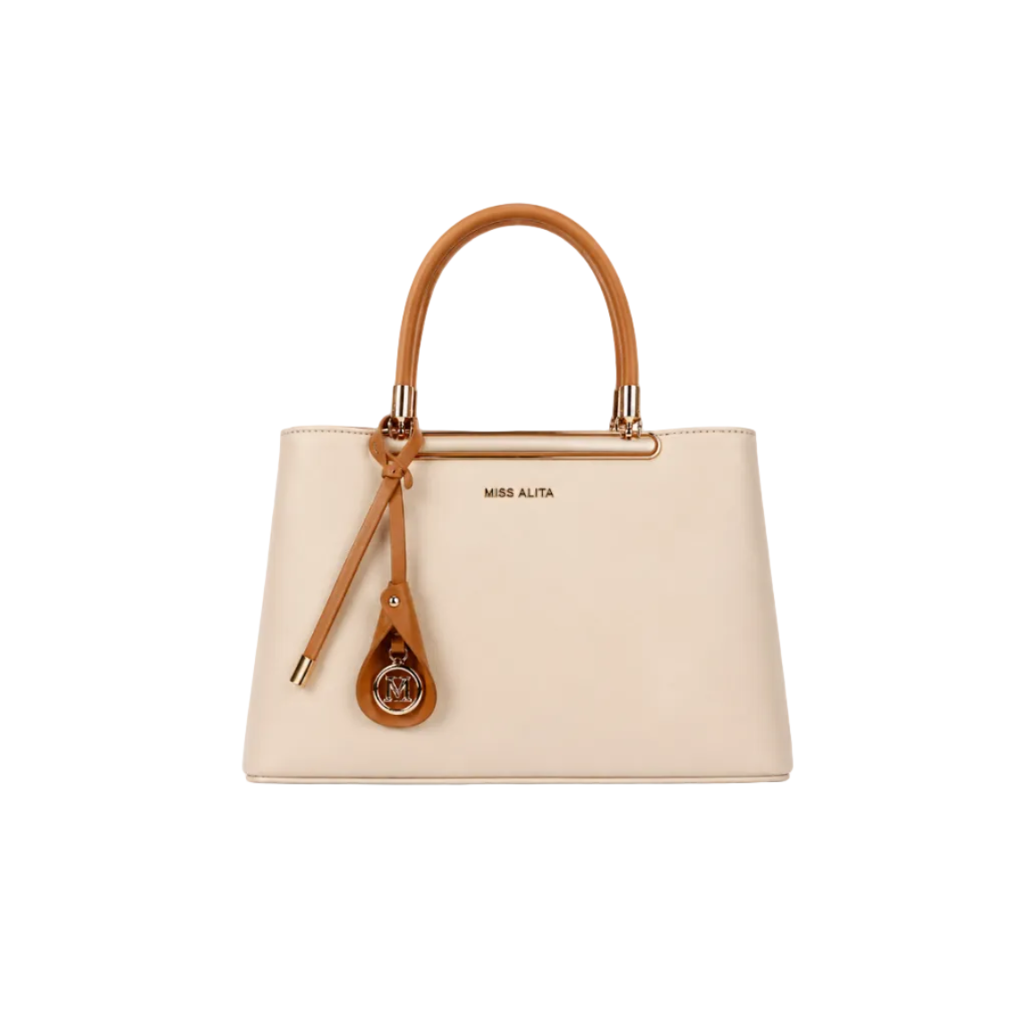 MISS ALITA structured ivory handbag with camel top handles, gold-tone hardware, decorative charm, and spacious interior for everyday elegance.