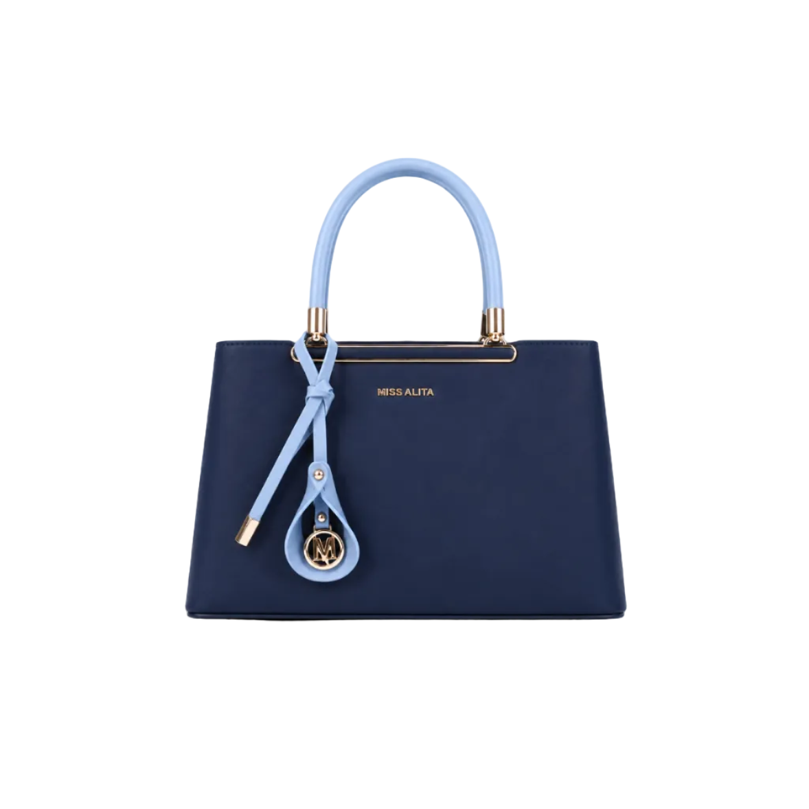 MISS ALITA structured navy blue handbag with baby blue top handles, gold-tone hardware, decorative charm, and spacious interior for everyday elegance.