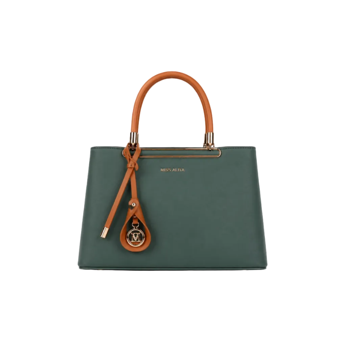 MISS ALITA structured sage green handbag with camel top handles, gold-tone hardware, decorative charm, and spacious interior for everyday elegance.