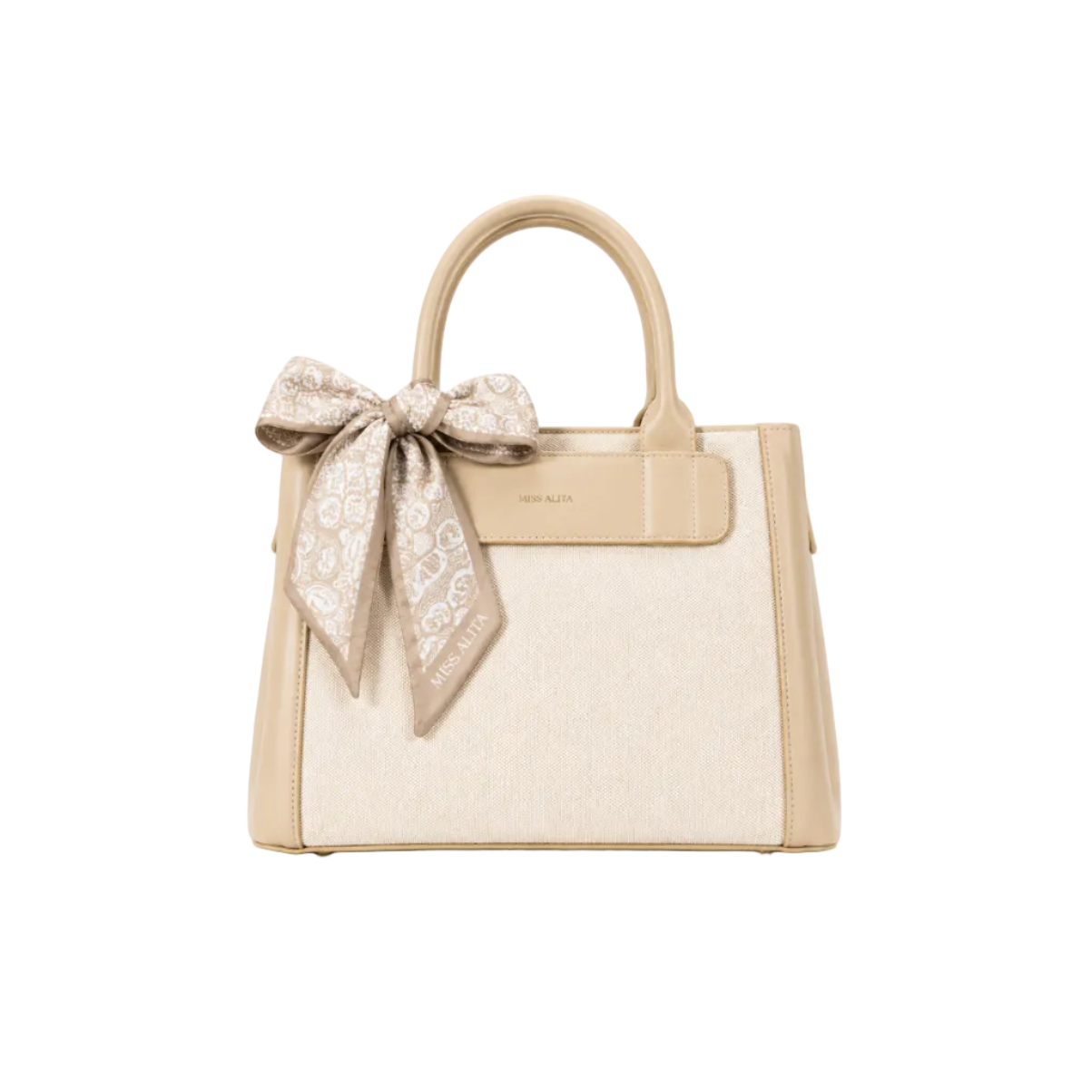 MISS ALITA beige structured tote handbag with textured fabric body, decorative paisley silk scarf tied to the handle, elegant top handles, and spacious everyday design.