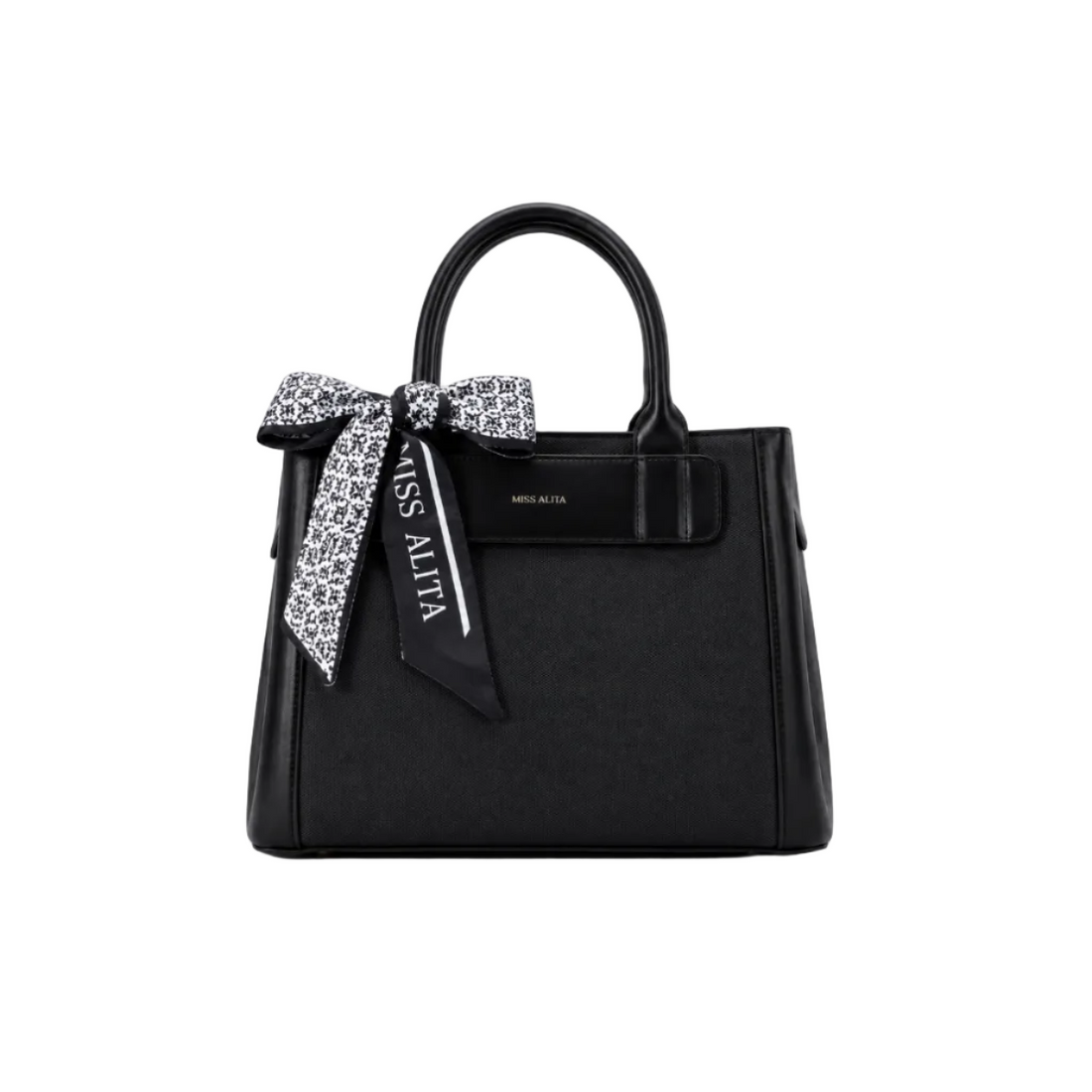 MISS ALITA black structured tote handbag with textured body, decorative black and white silk scarf on the handle, elegant top handles, and minimalist everyday design.